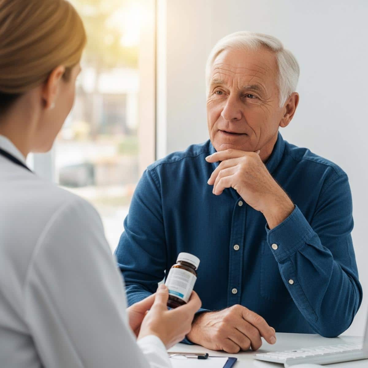 Older man holding supplement bottle in conversation with a doctor at a clinic desk, waist-up centered view