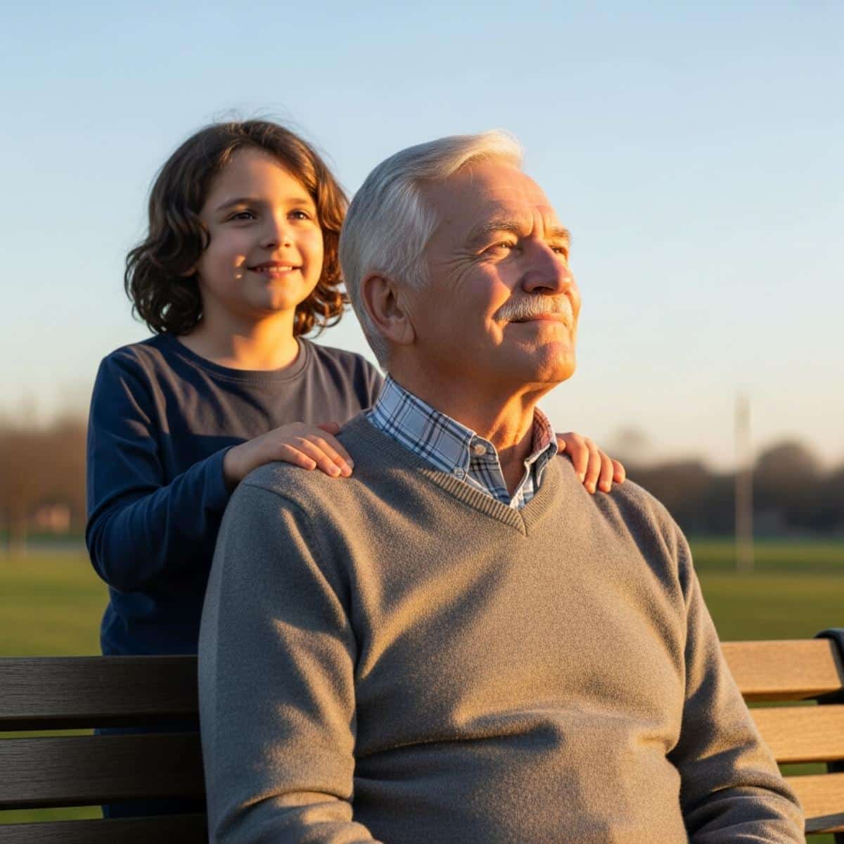 Older man with grandchild on park bench looking peacefully together, three-quarter centered view