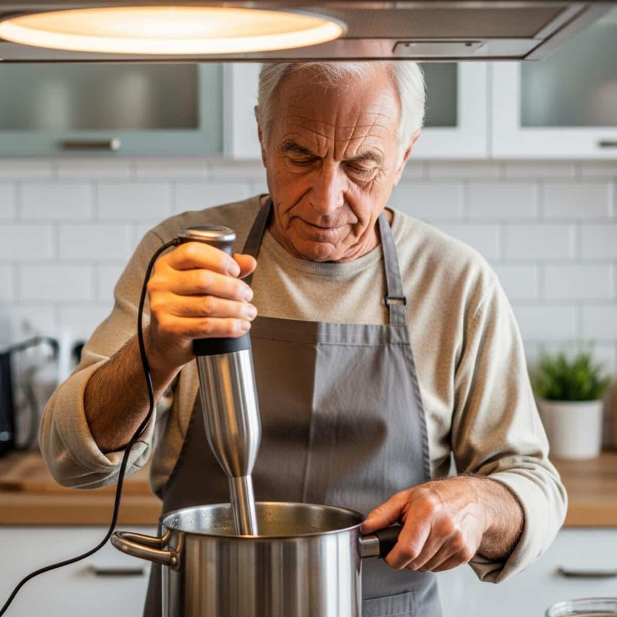 Older man using immersion blender to prepare soup in pot, waist-up centered view