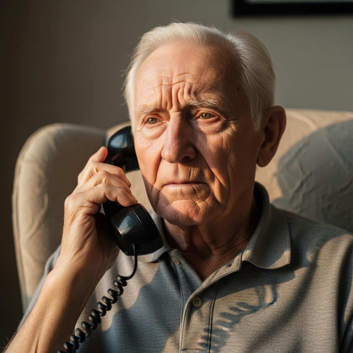 Older man holding phone with confused concerned expression, centered waist-up view