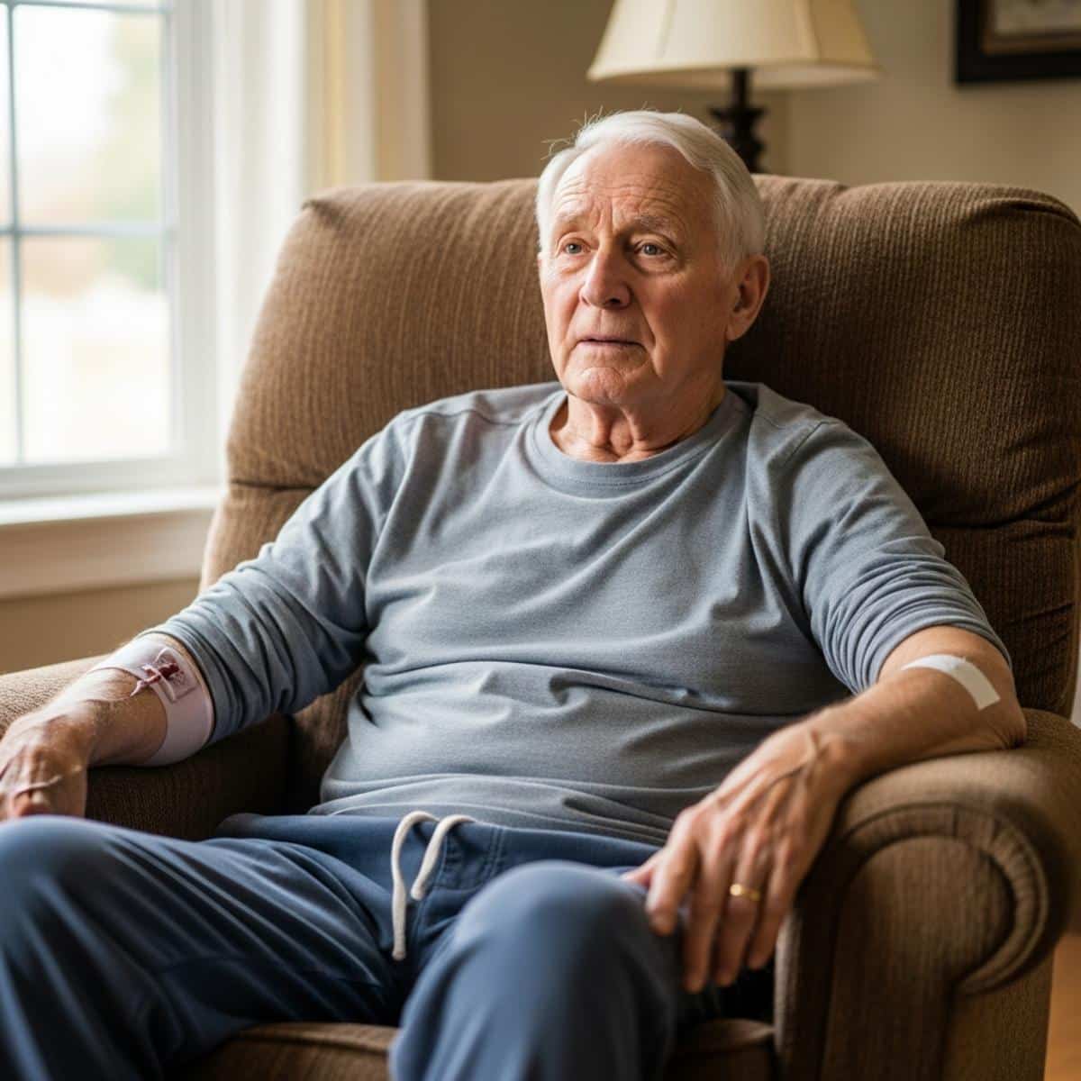 Older man recovering at home in recliner after hospitalization, centered three-quarter view