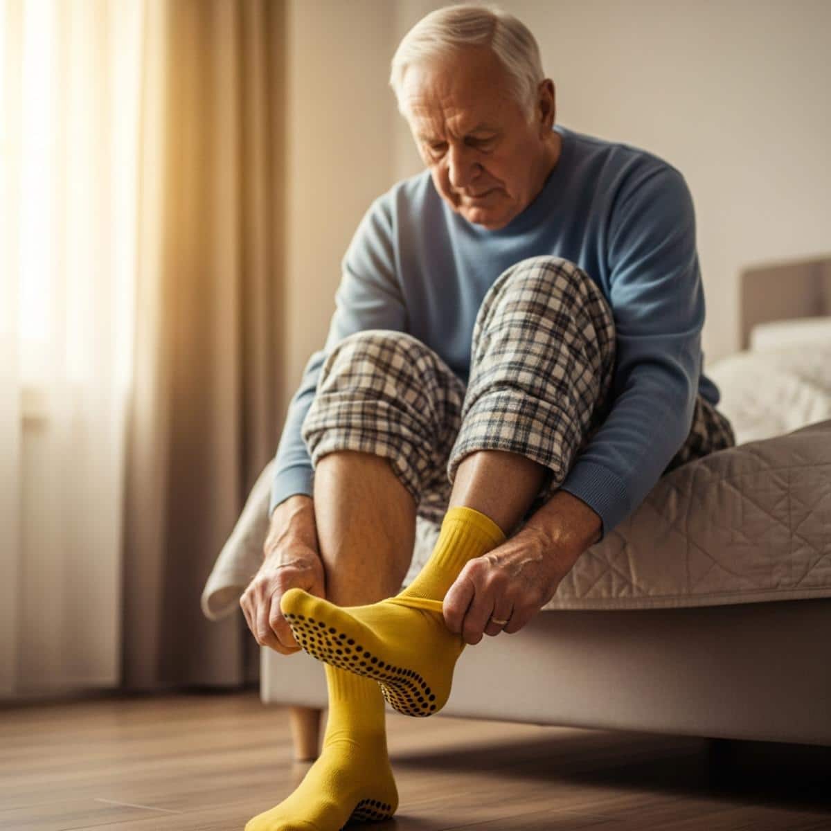 Older man sitting on bed edge pulling on non-slip grip socks, waist-up centered view showing textured sock soles