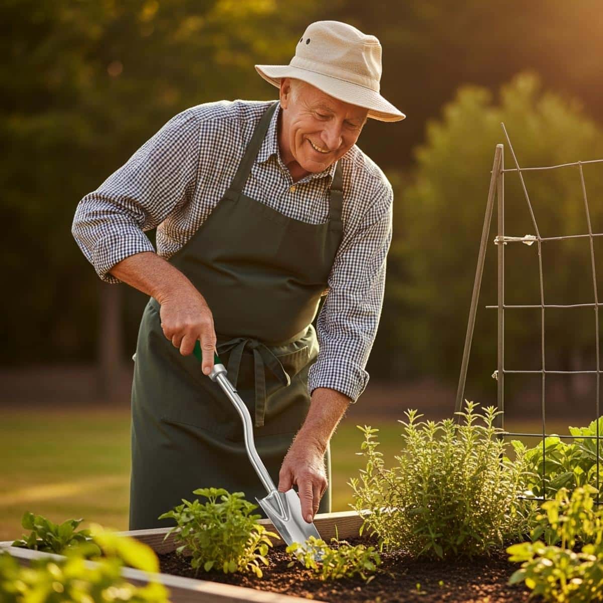 Older man in apron using ergonomic tool in raised herb garden, full-body centered view