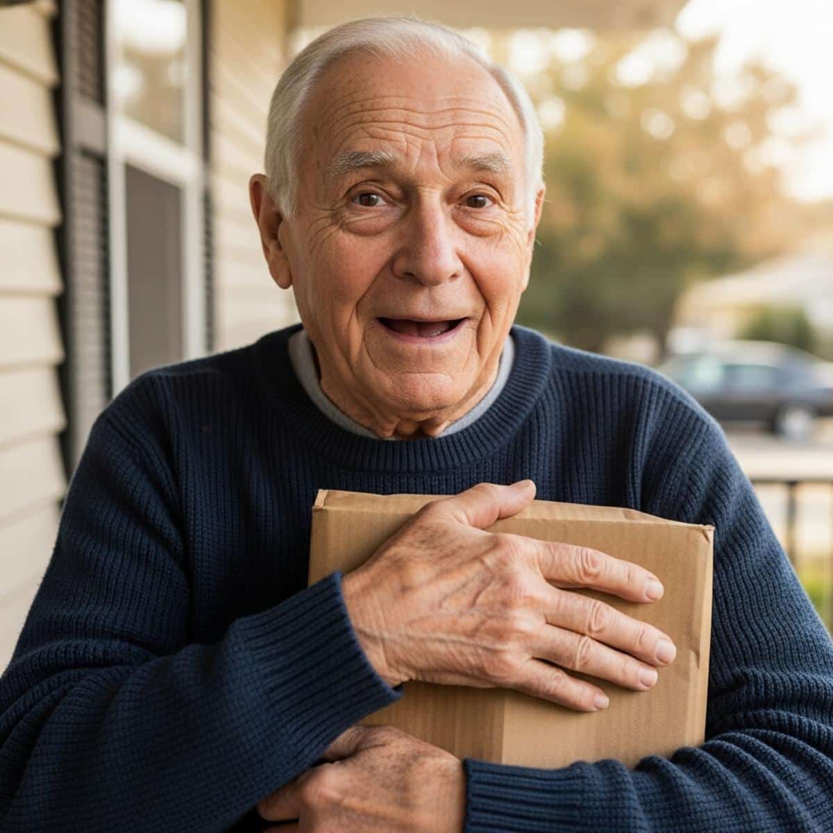 Older man opening care package at front door with joyful expression, waist-up centered view