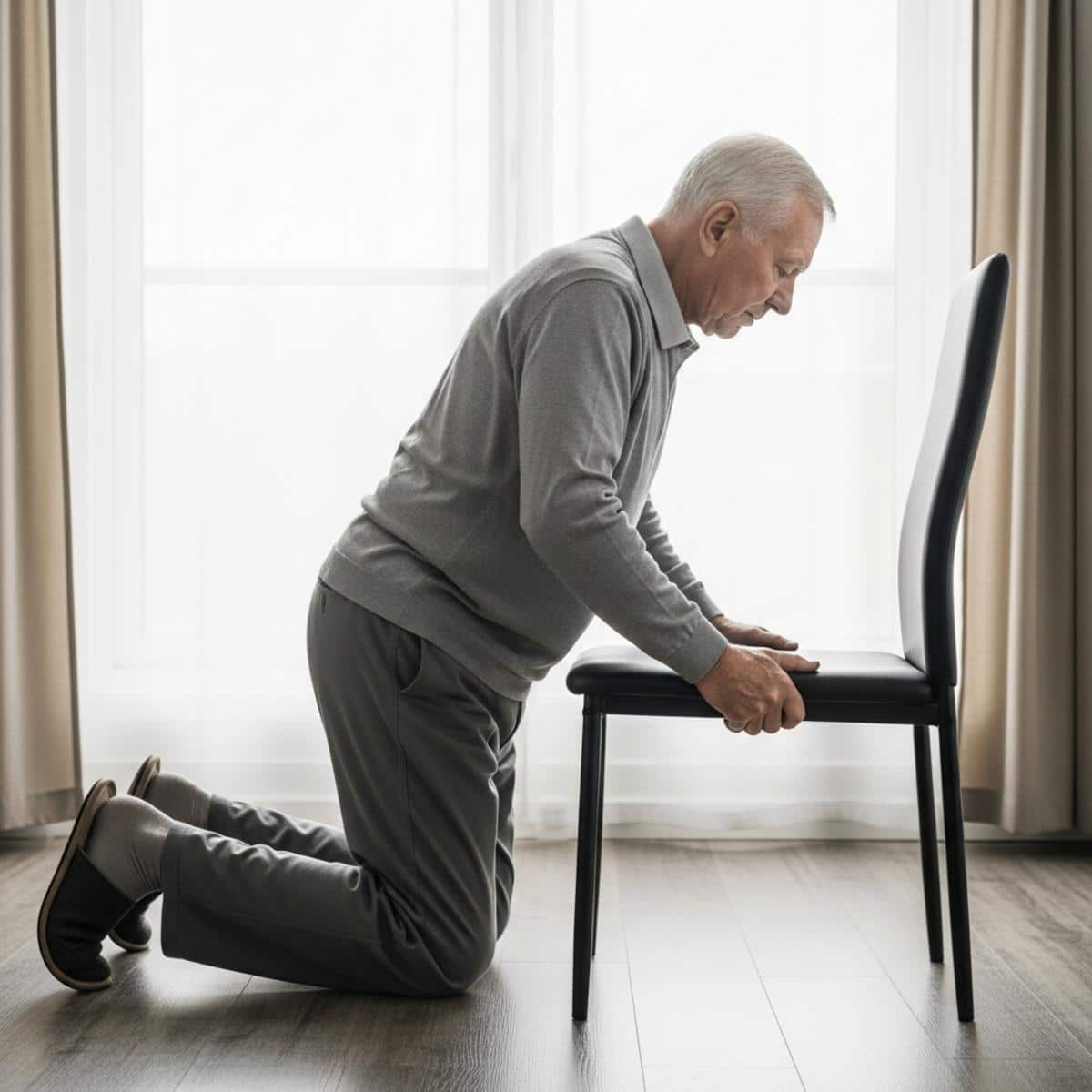 Older man demonstrating proper technique for rising from floor using sturdy chair for support, full-body centered view