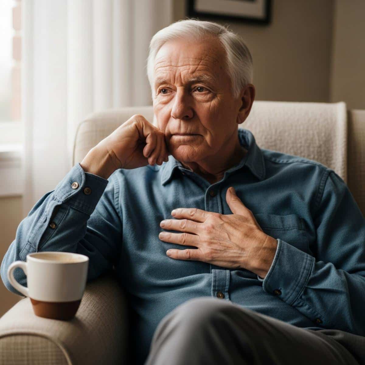 Older man seated in armchair with hand resting on chest holding a coffee mug with reflective expression, waist-up centered view