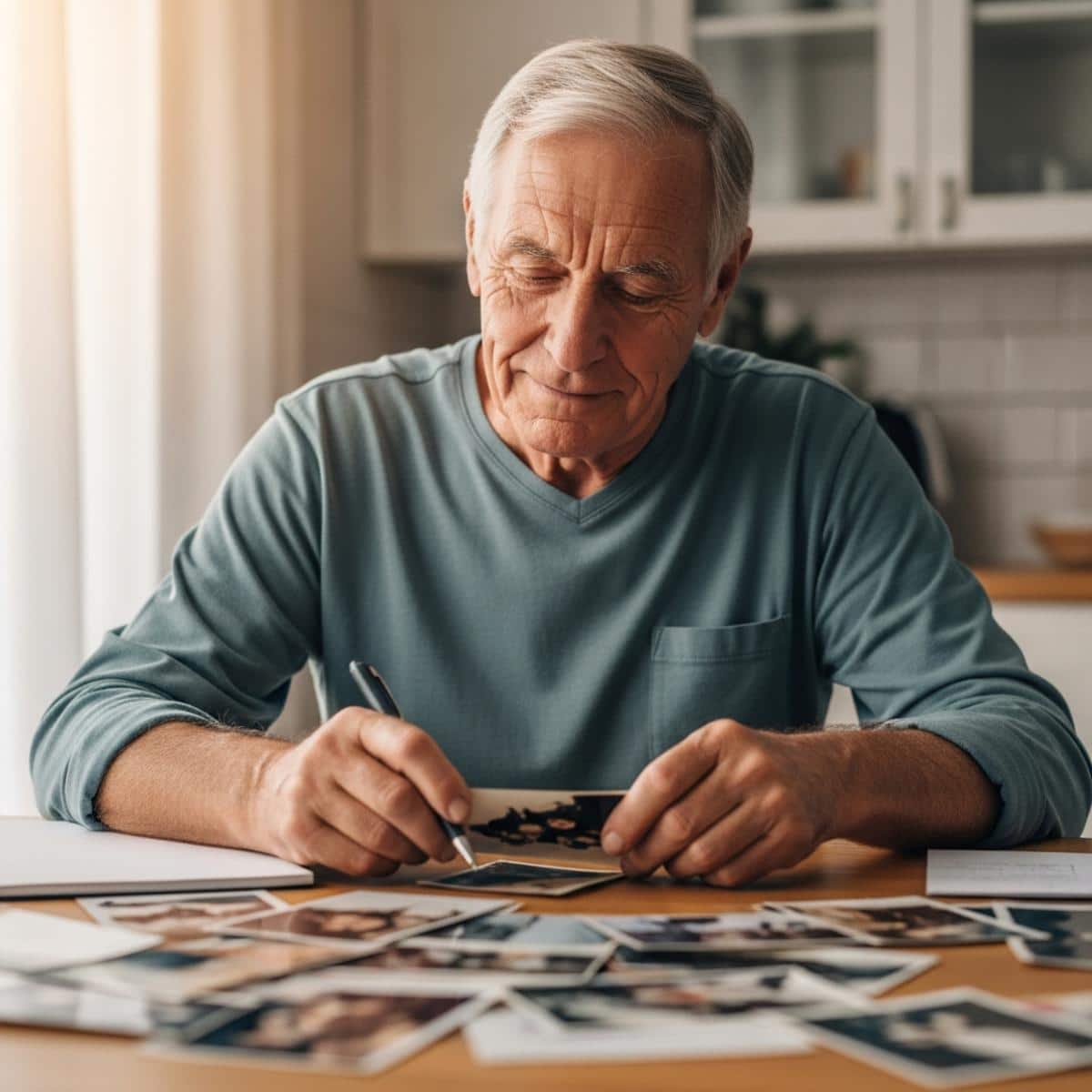 Older man sitting at kitchen table sorting old photographs with notepad nearby, waist-up centered view