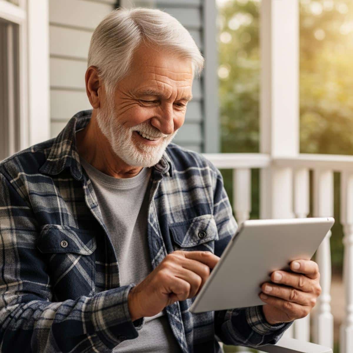 Older man smiling warmly at tablet on sunny porch, waist-up centered view with tablet visible