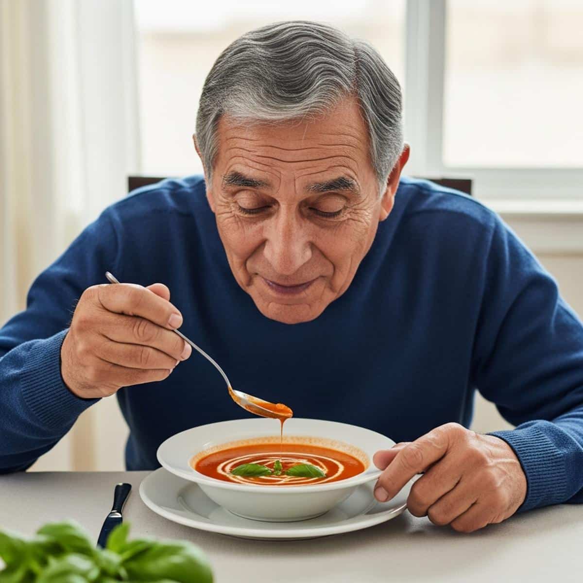 Older man enjoying tomato bisque with fresh basil garnish at dining table, waist-up centered view