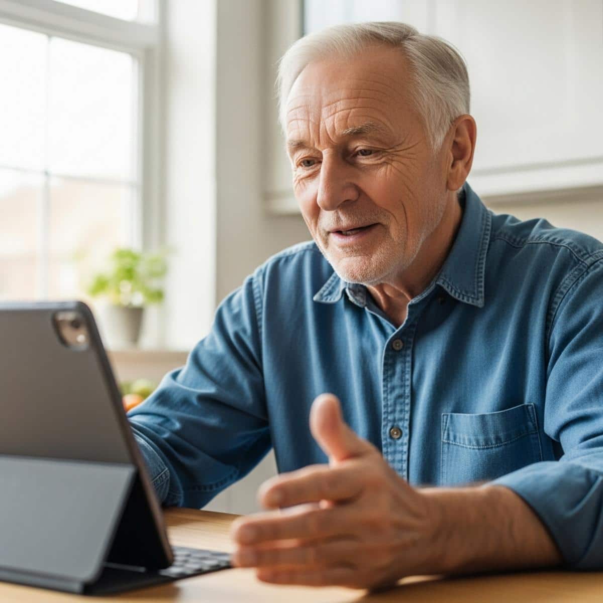 Older man video calling on tablet in kitchen, centered waist-up view in natural window light