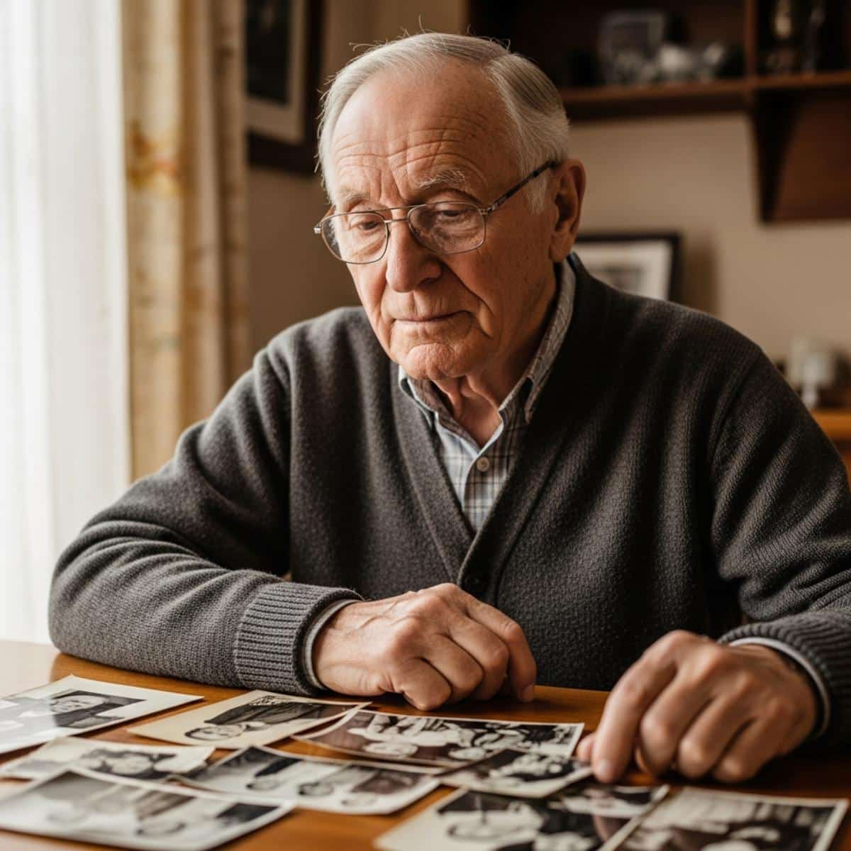 Older man in glasses looking at old family photographs on table, centered seated view