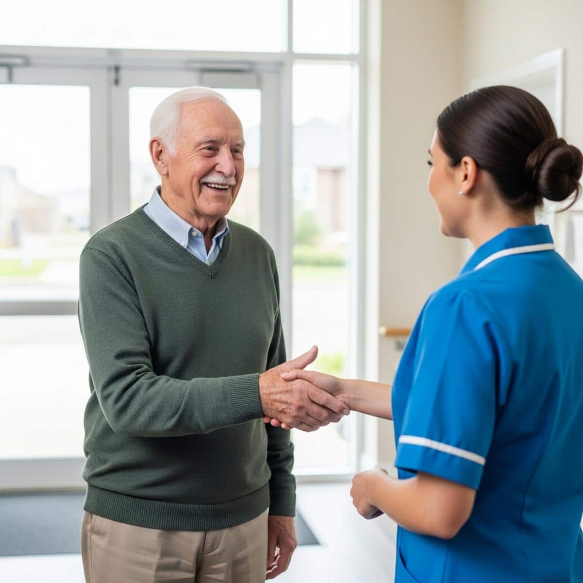 Older man being warmly greeted by staff member in bright, clean facility entryway, centered waist-up view