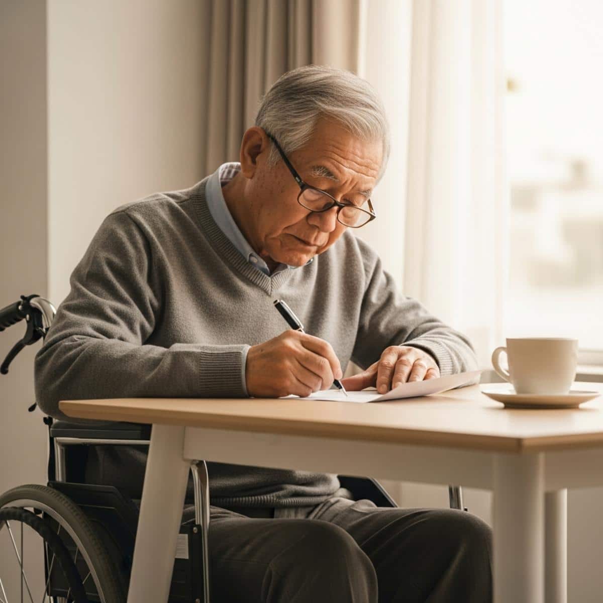 Older man in wheelchair writing letter at accessible table, centered full-body view with focused expression