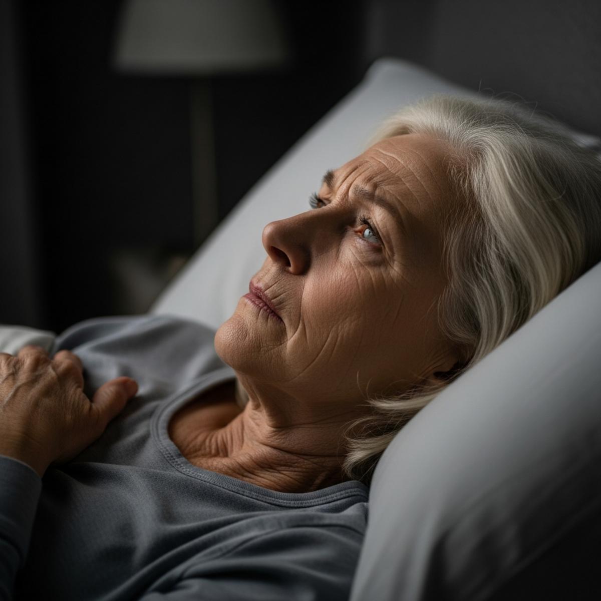 Older woman lying in bed unable to sleep, staring at ceiling with worried expression, side profile centered view