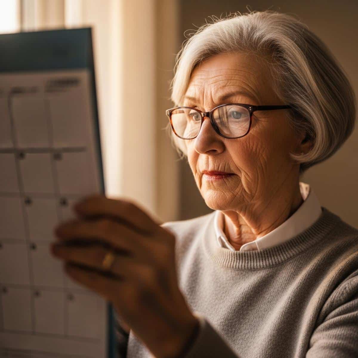 Older woman looking at calendar with concentrated expression, centered waist-up view