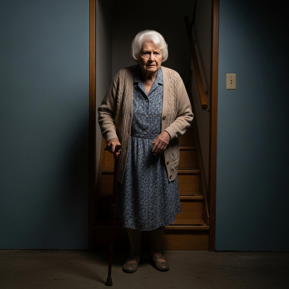 Older woman with cane hesitating before basement stairs, full-body centered view