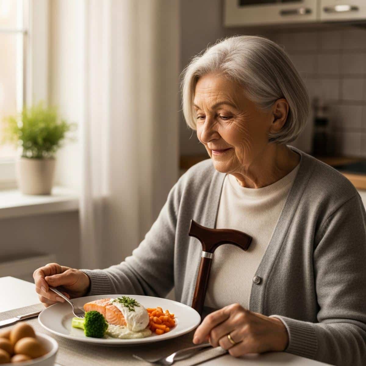 Older woman with cane seated at table with poached salmon and vegetables, three-quarter centered view
