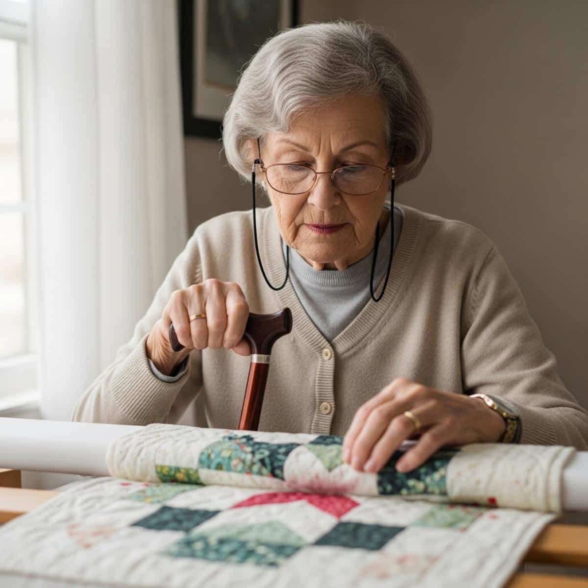 Older woman with cane sitting at quilting frame working on quilt, waist-up centered view