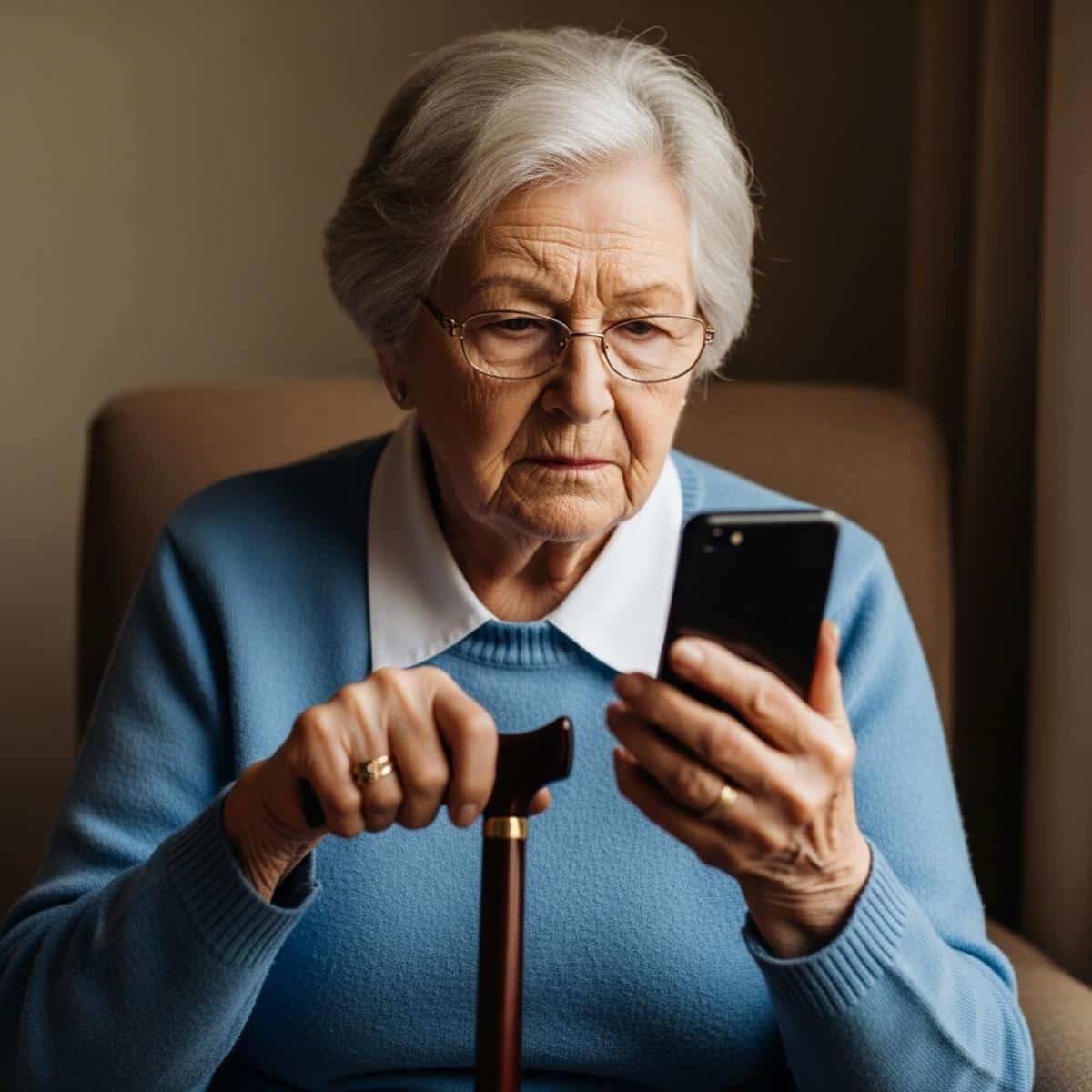 Older woman using cane in chair examining smartphone with cautious expression, centered waist-up view