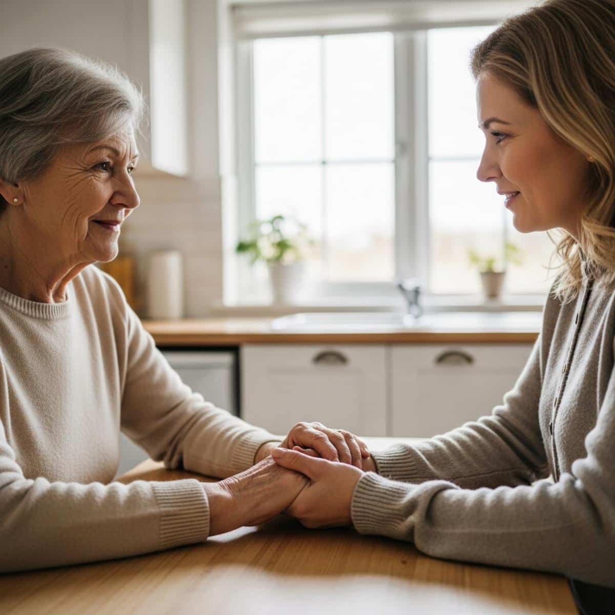 Older woman and adult daughter holding hands across table, centered seated view showing connection