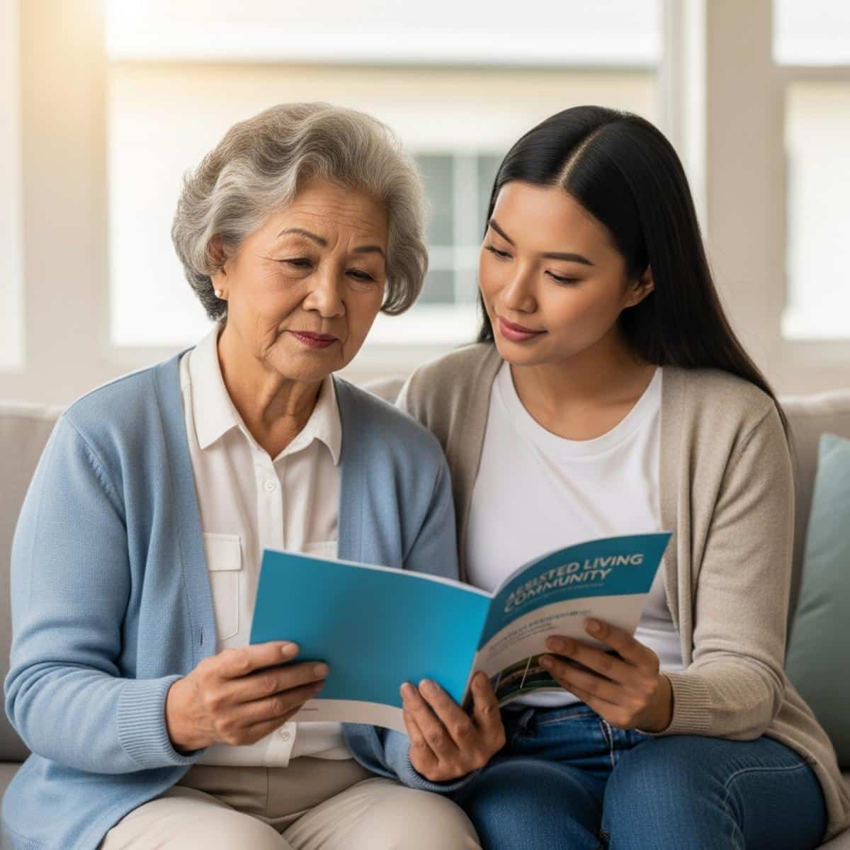 Older woman and adult daughter reviewing brochures on sofa, centered three-quarter view