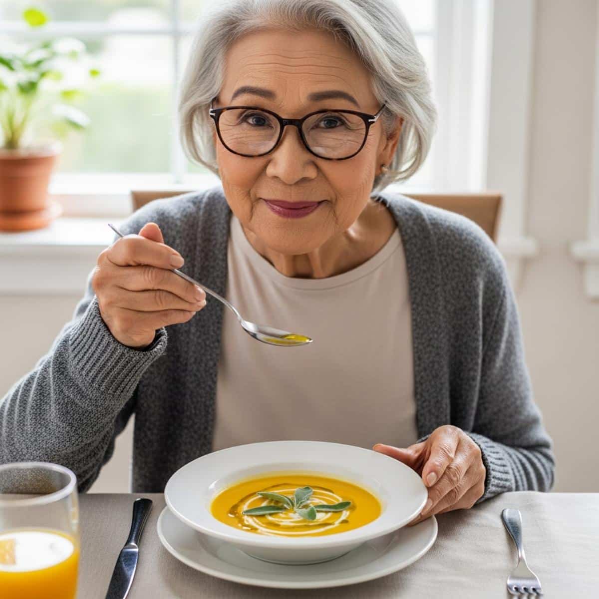 Older woman with glasses enjoying creamy soup at dining table, waist-up centered view