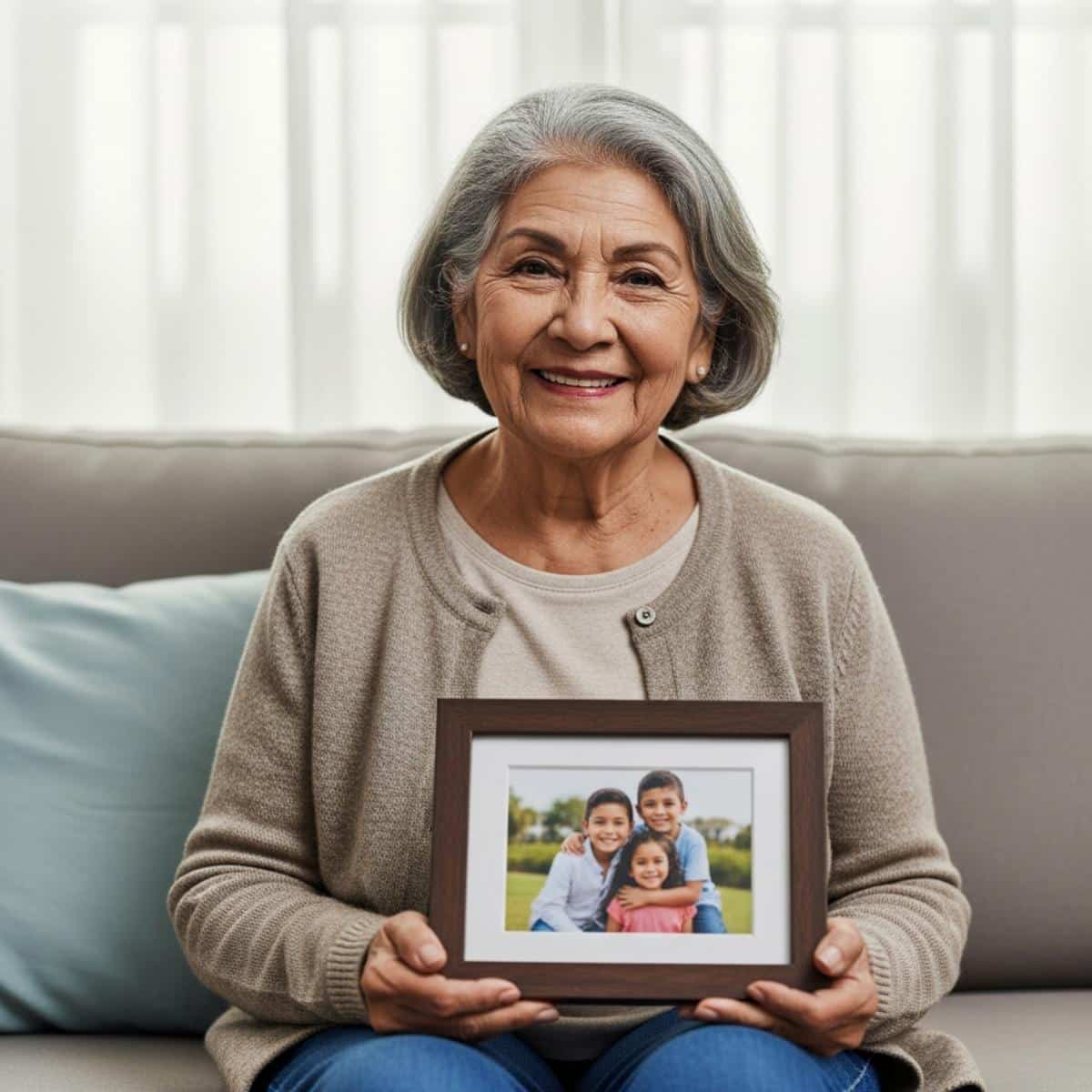 Older woman holding framed family photo, centered waist-up view showing affection