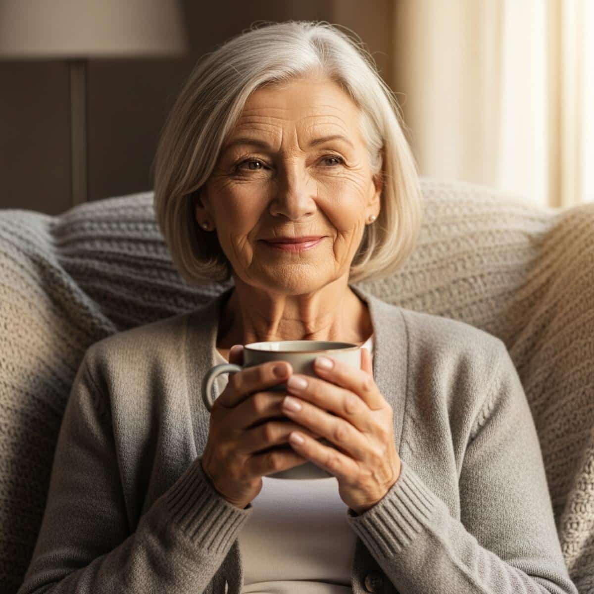 Older woman in cardigan sitting in armchair holding ceramic coffee mug with both hands, content expression, waist-up centered view