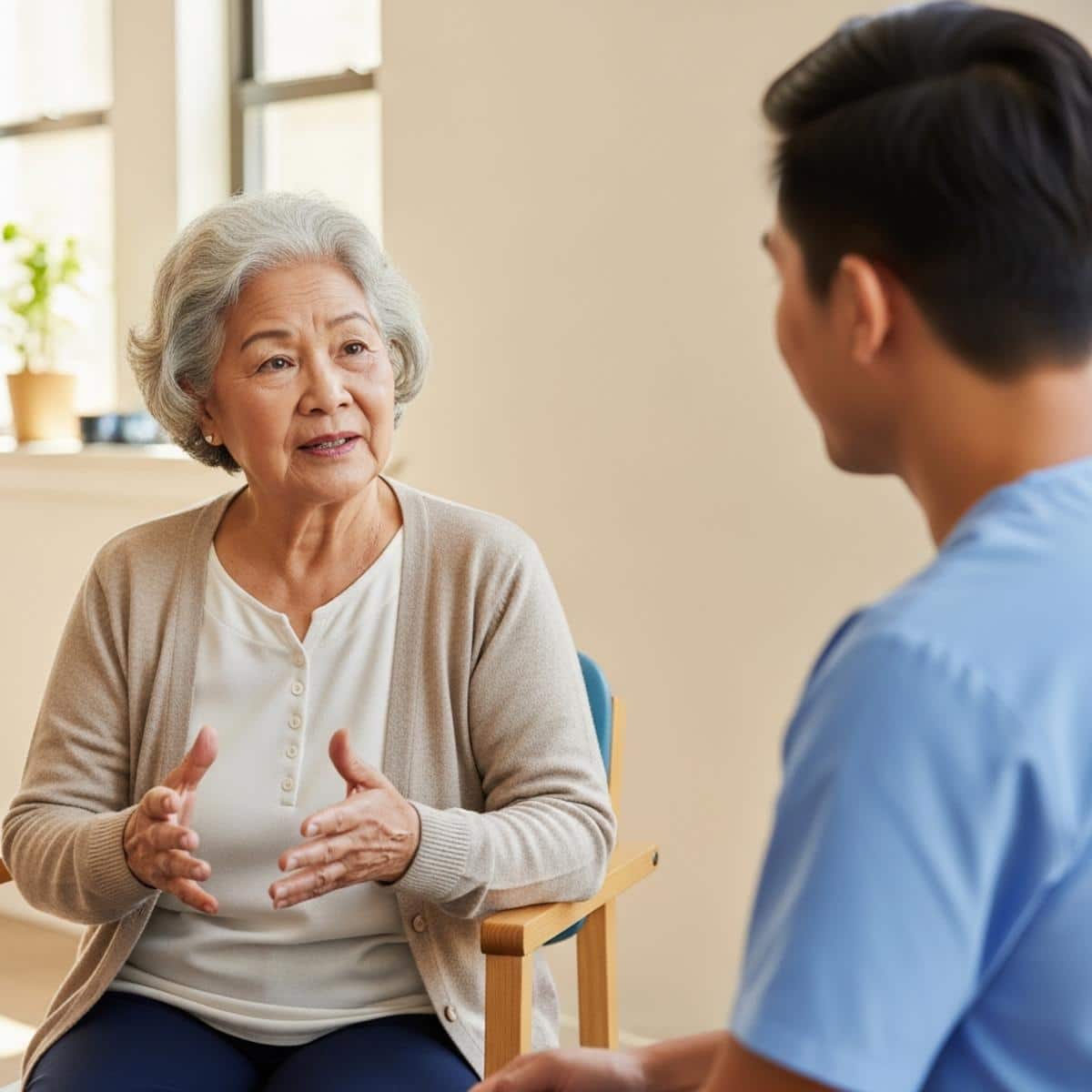 Older woman conversing with healthcare professional in common room, waist-up centered view