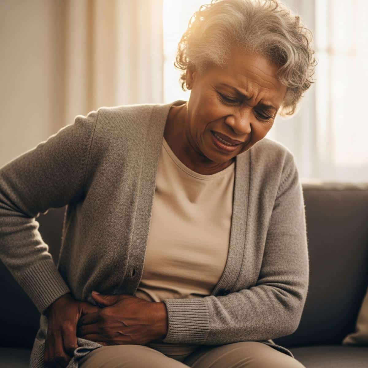 Older woman on couch holding hip area in pain, facial expression shows discomfort, centered waist-up view