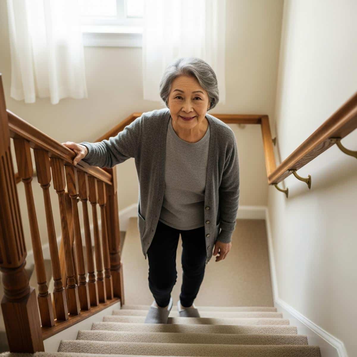 Older woman holding banister while descending carpeted stairs, full-body centered view