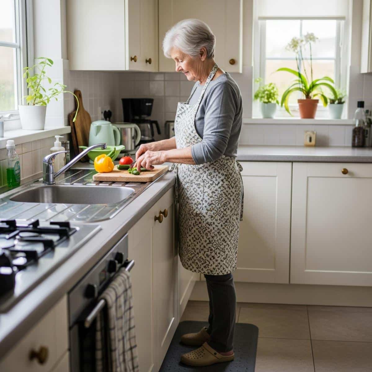 Older woman preparing food at sink with non-slip mat, waist-up centered view
