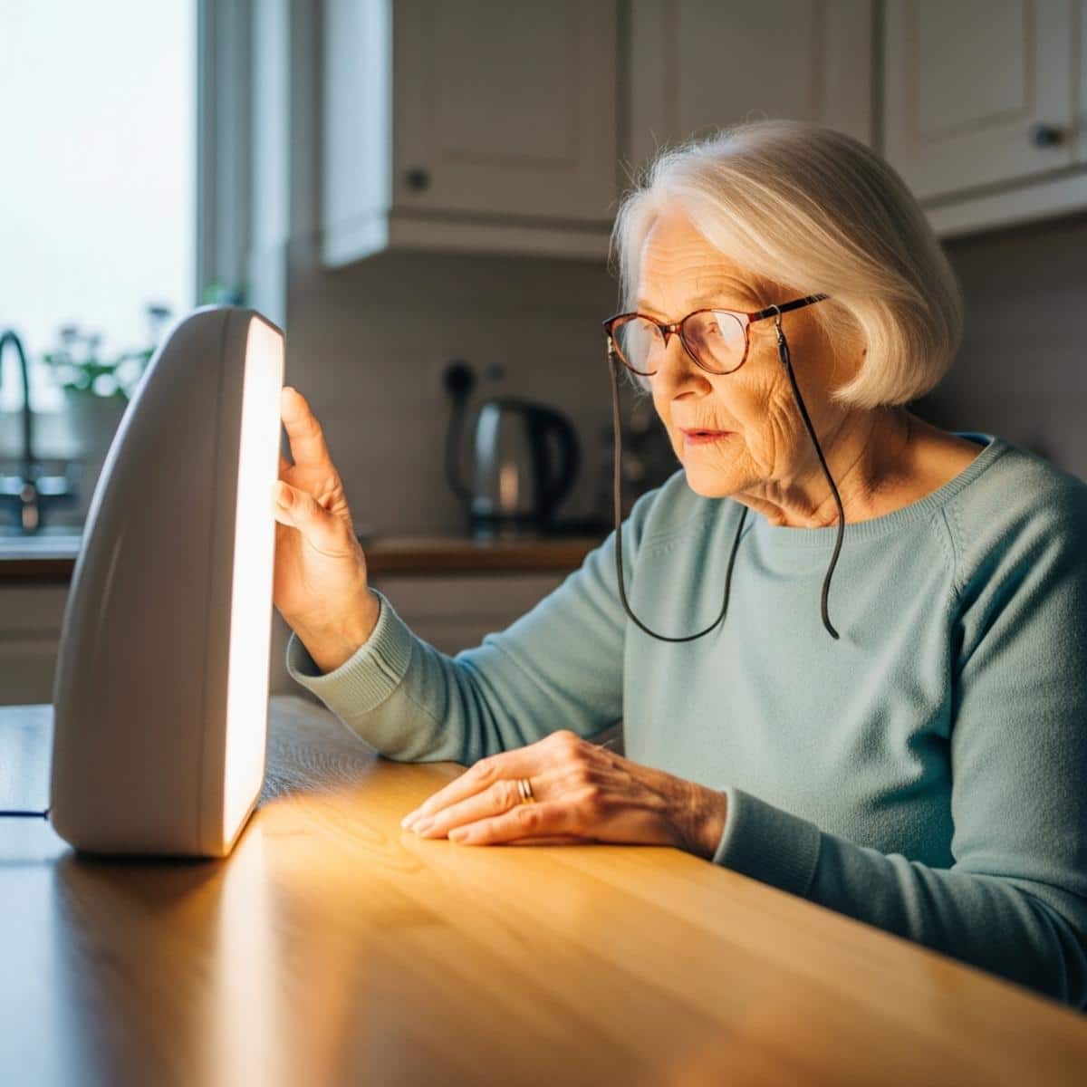 Older woman using light therapy lamp in kitchen, wearing glasses with engaged expression, three-quarter centered view