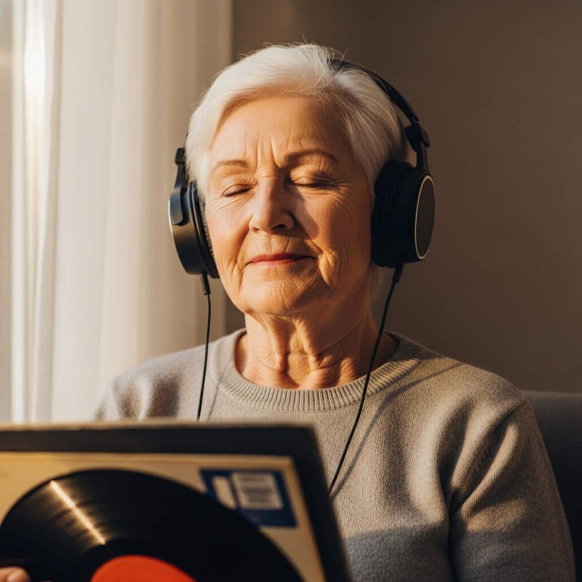 Older woman with eyes closed holding vinyl records, listening peacefully by window, centered waist-up view