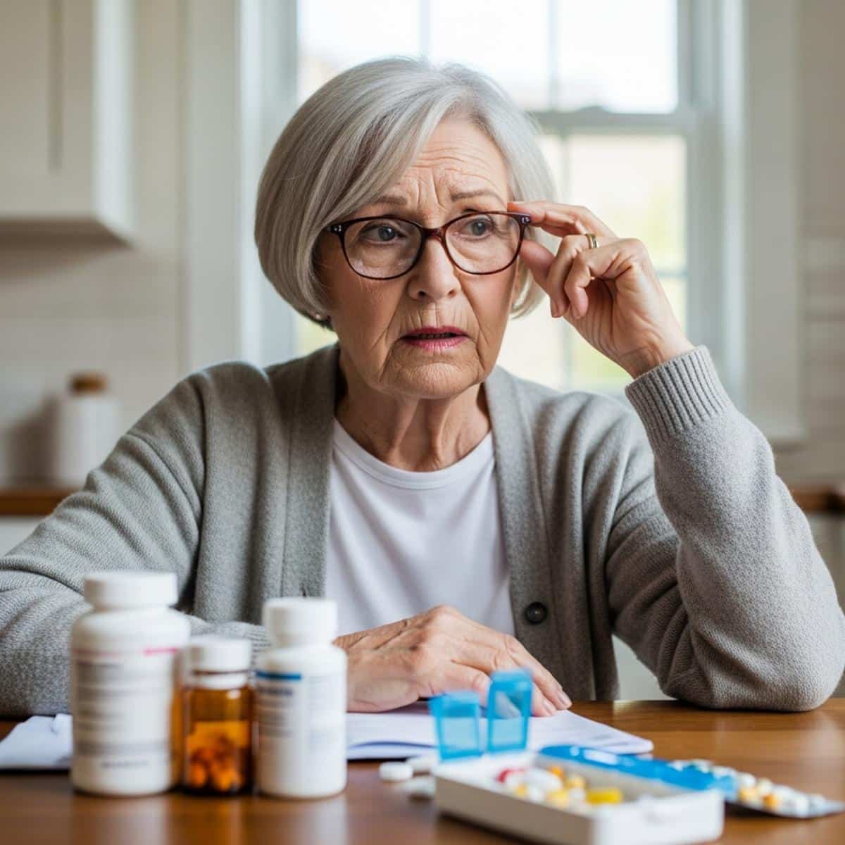 Older woman with glasses at kitchen table surrounded by medication bottles, centered waist-up view