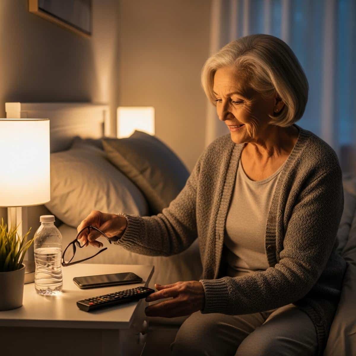 Older woman arranging phone, glasses, water bottle, and remote on nightstand within arm's reach before bed, waist-up centered view