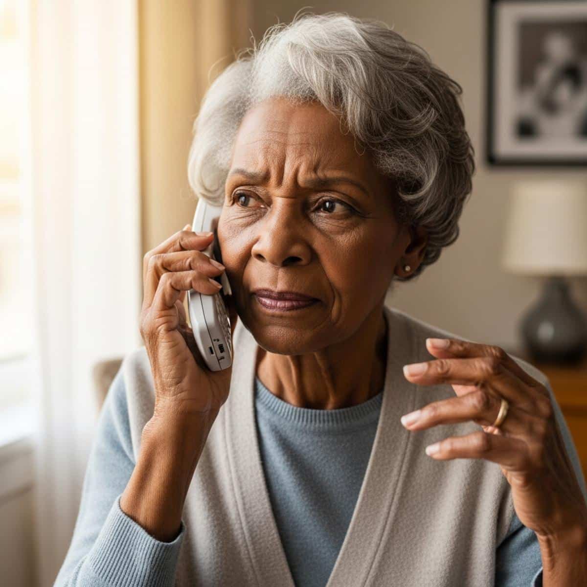 Older woman holding phone with alert skeptical expression, centered waist-up view