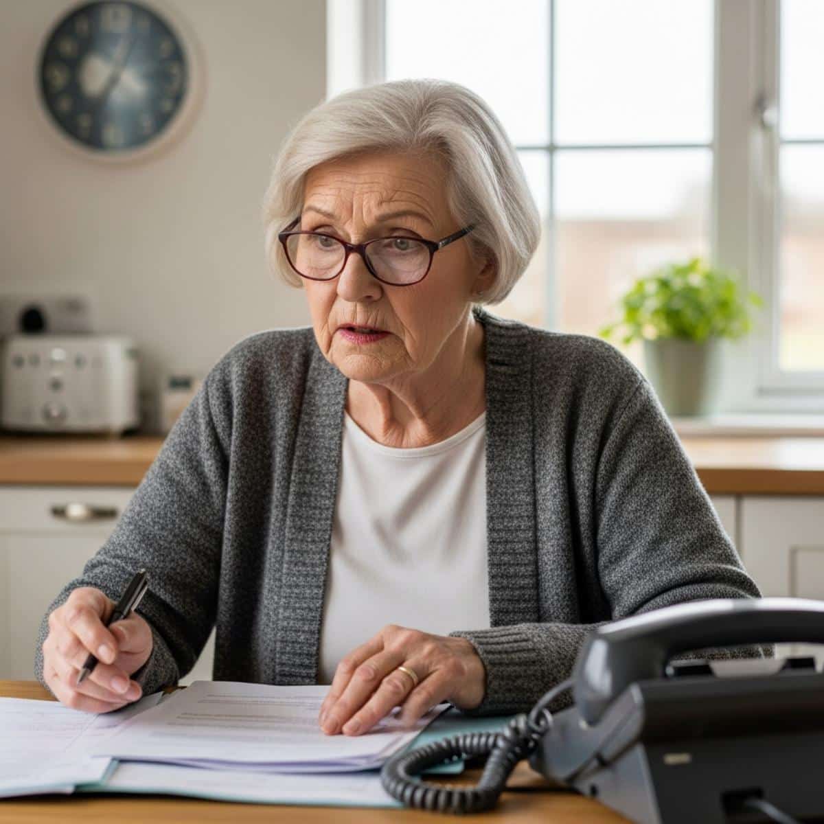 Older woman wearing glasses at kitchen table with phone and documents, centered waist-up view