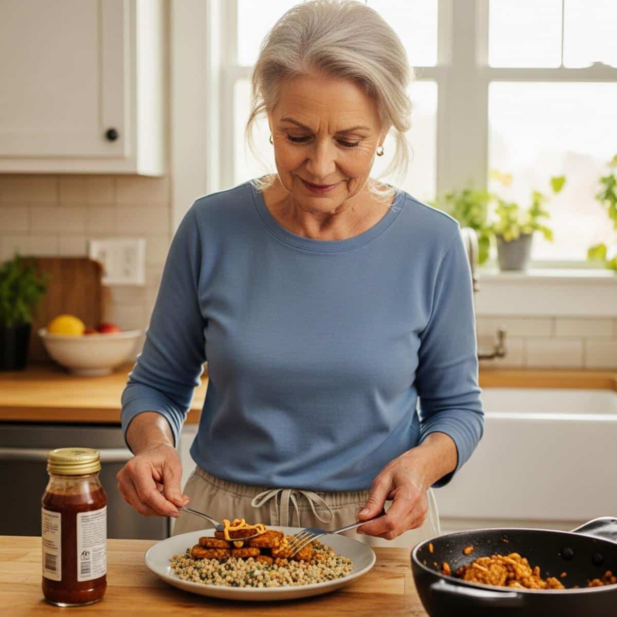 Older woman plating a quick dinner of tempeh and grain blend at kitchen counter, waist-up centered view