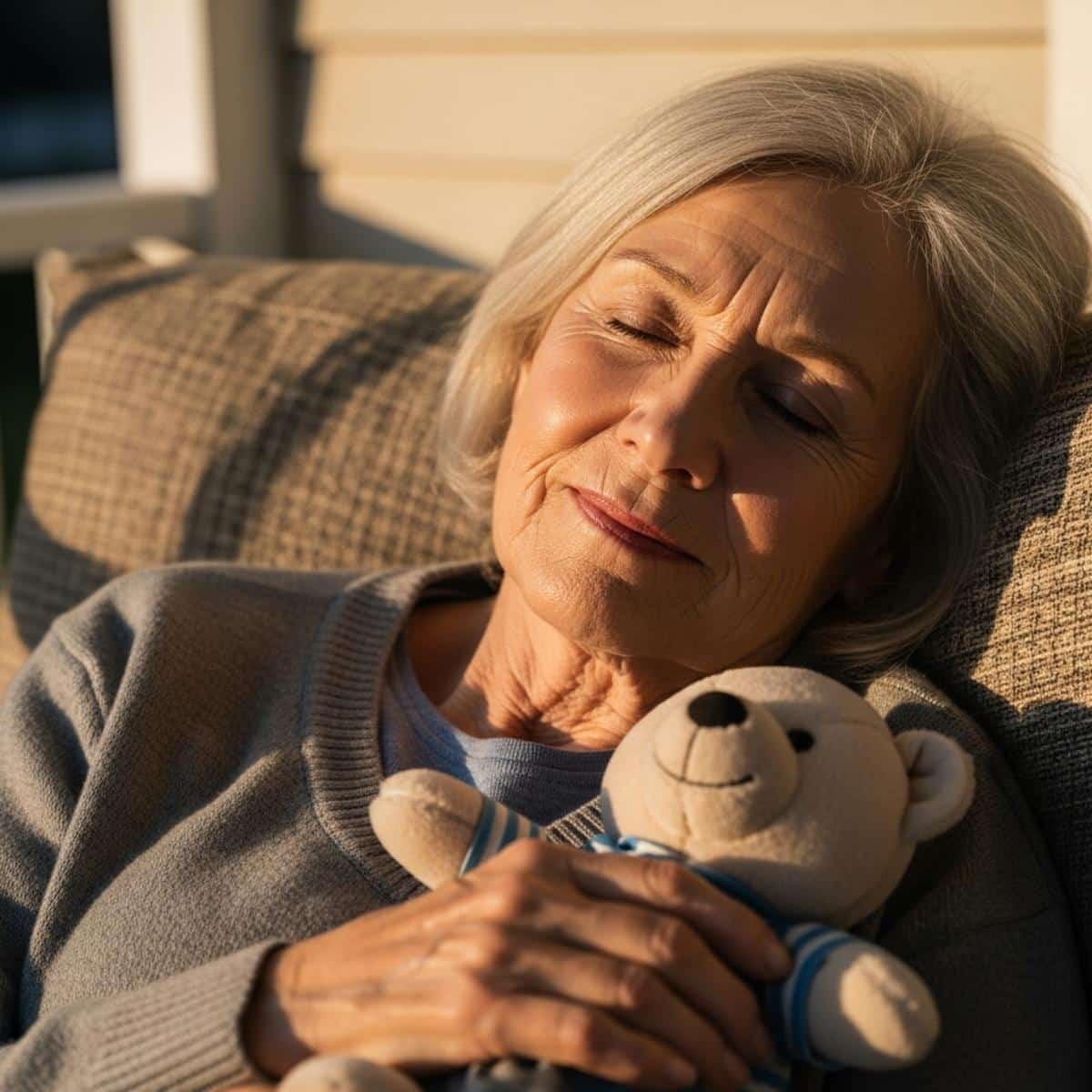 Older woman resting peacefully on porch swing with keepsake, eyes closed in contentment, centered waist-up view