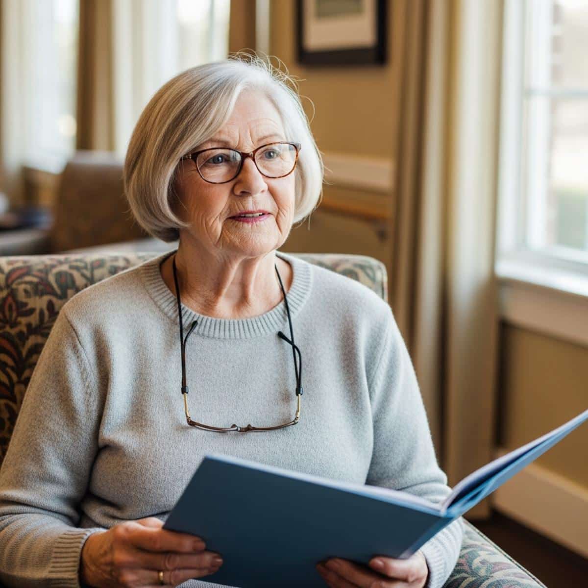 Older woman with glasses reviewing care facility paperwork in comfortable lobby setting, centered waist-up view