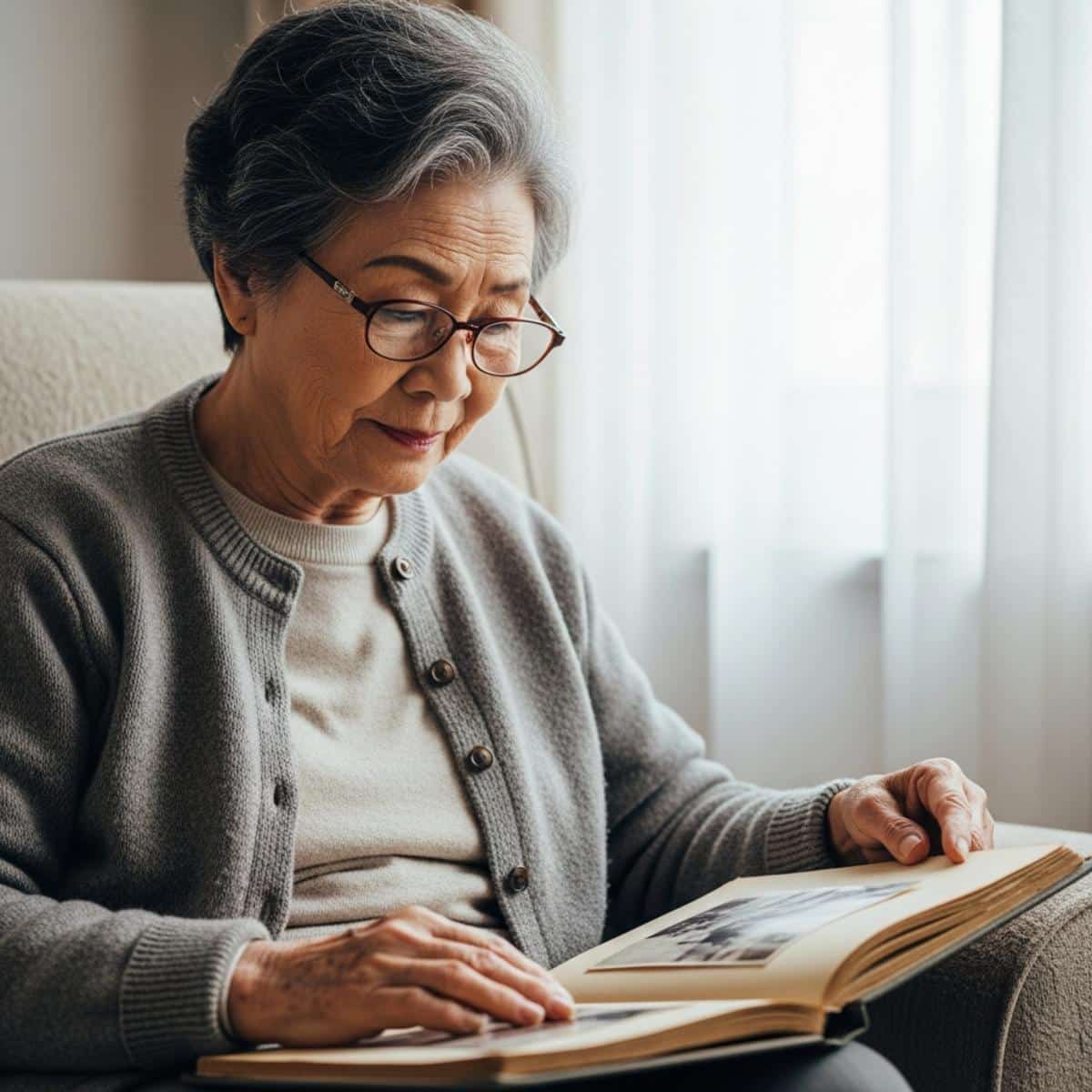 Older woman wearing glasses and cardigan looking at photo album in armchair, centered waist-up view