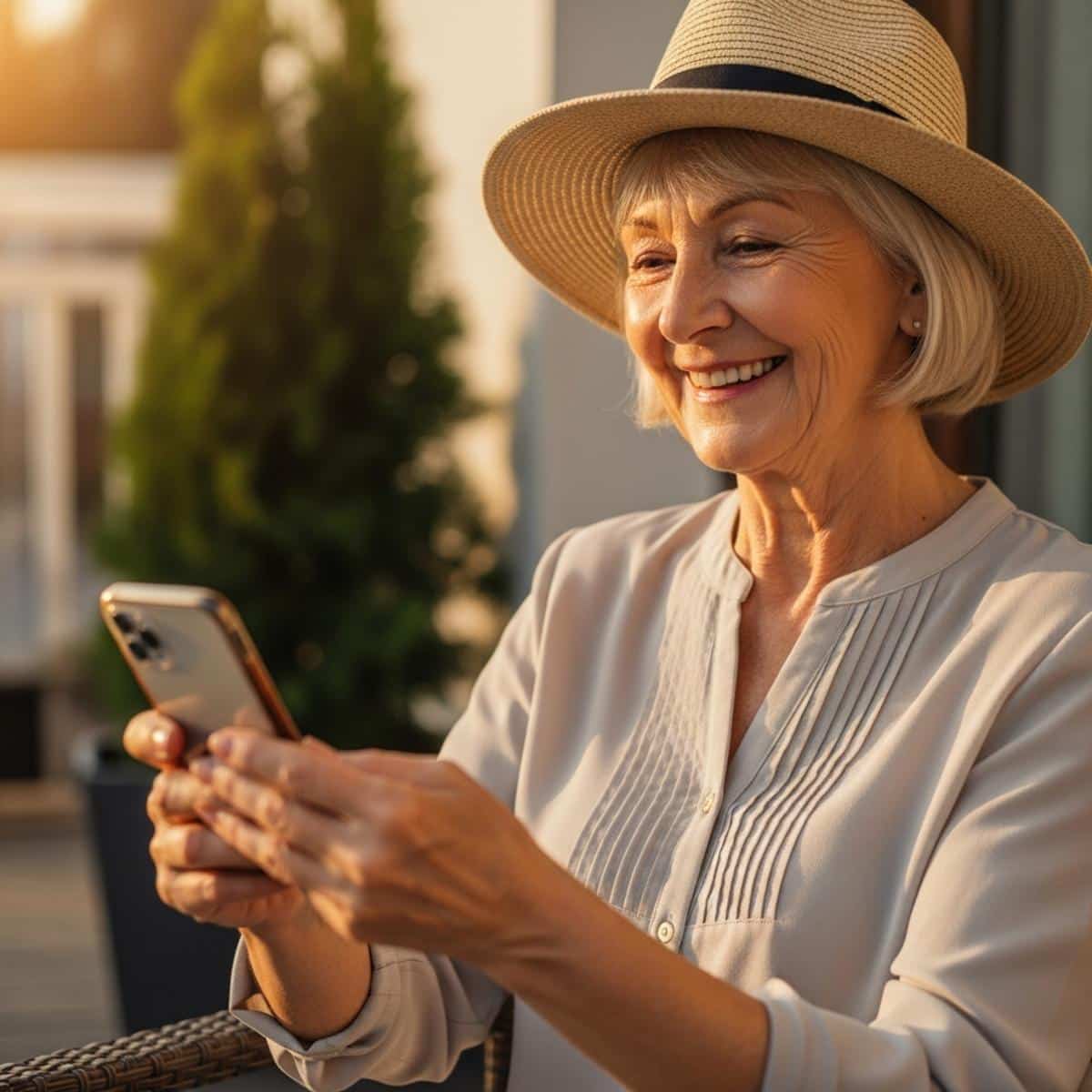 Older woman on patio with smartphone wearing sun hat, centered waist-up view in golden afternoon light