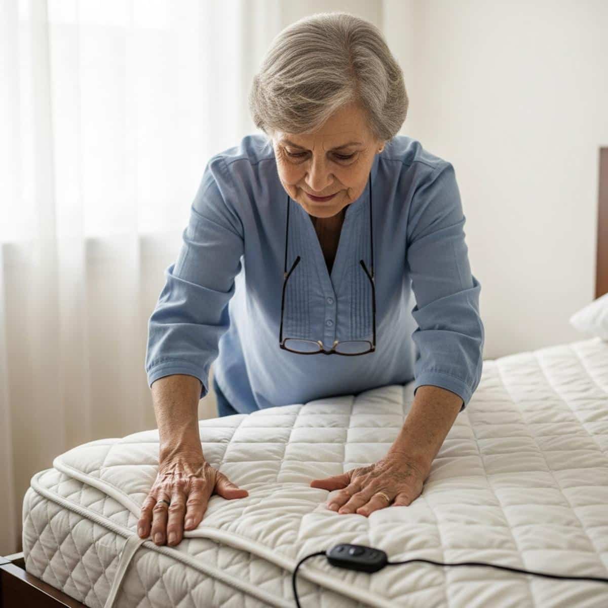Older woman sitting on bed edge with electric blanket on lap while caregiver adjusts the control panel, waist-up centered view