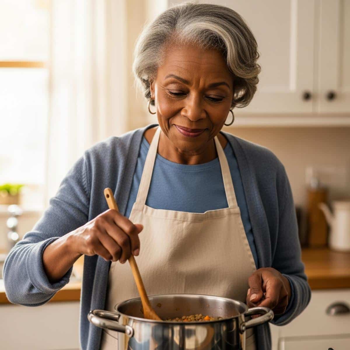 Older woman wearing apron stirring lentil soup on kitchen stovetop, waist-up centered view with warm expression