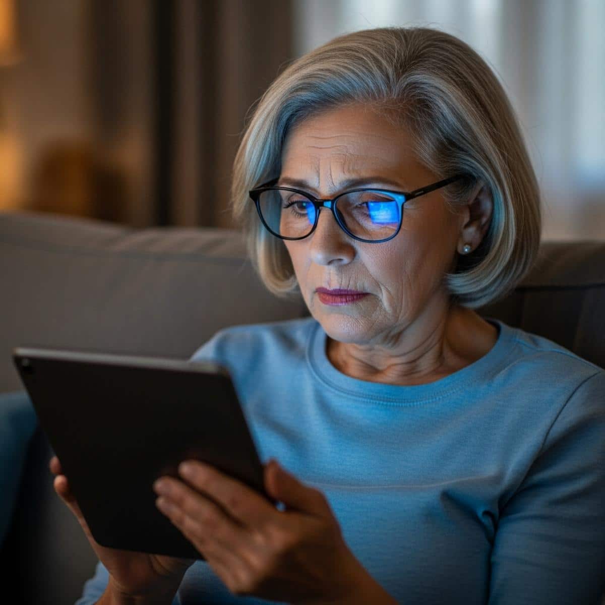 Older woman using tablet in evening with blue light on face, three-quarter centered view