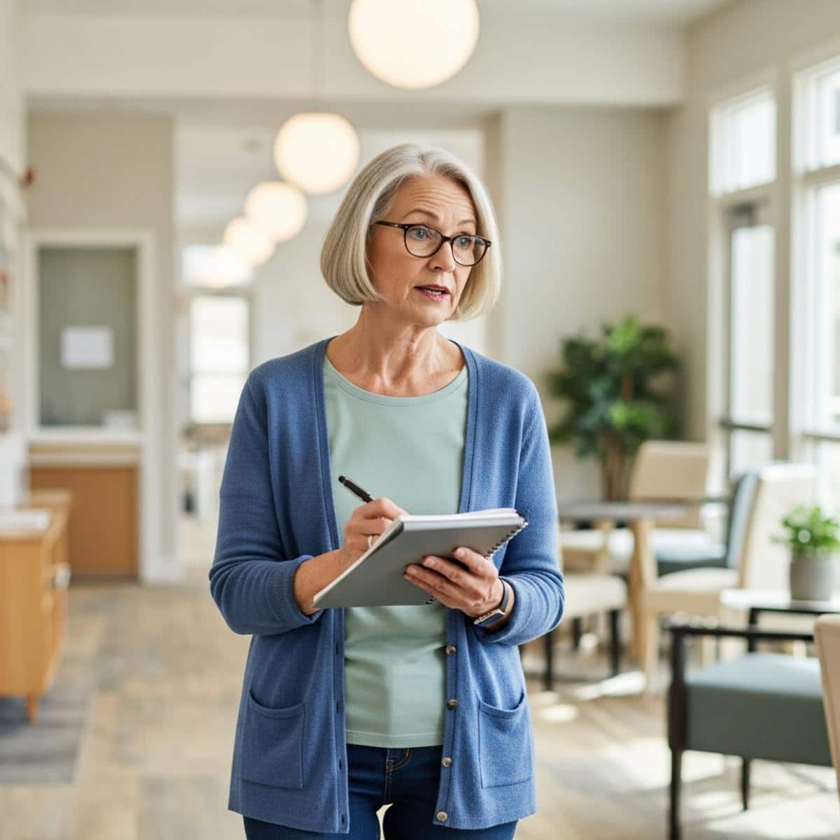 Older woman with notepad and glasses during facility tour, full-body centered view