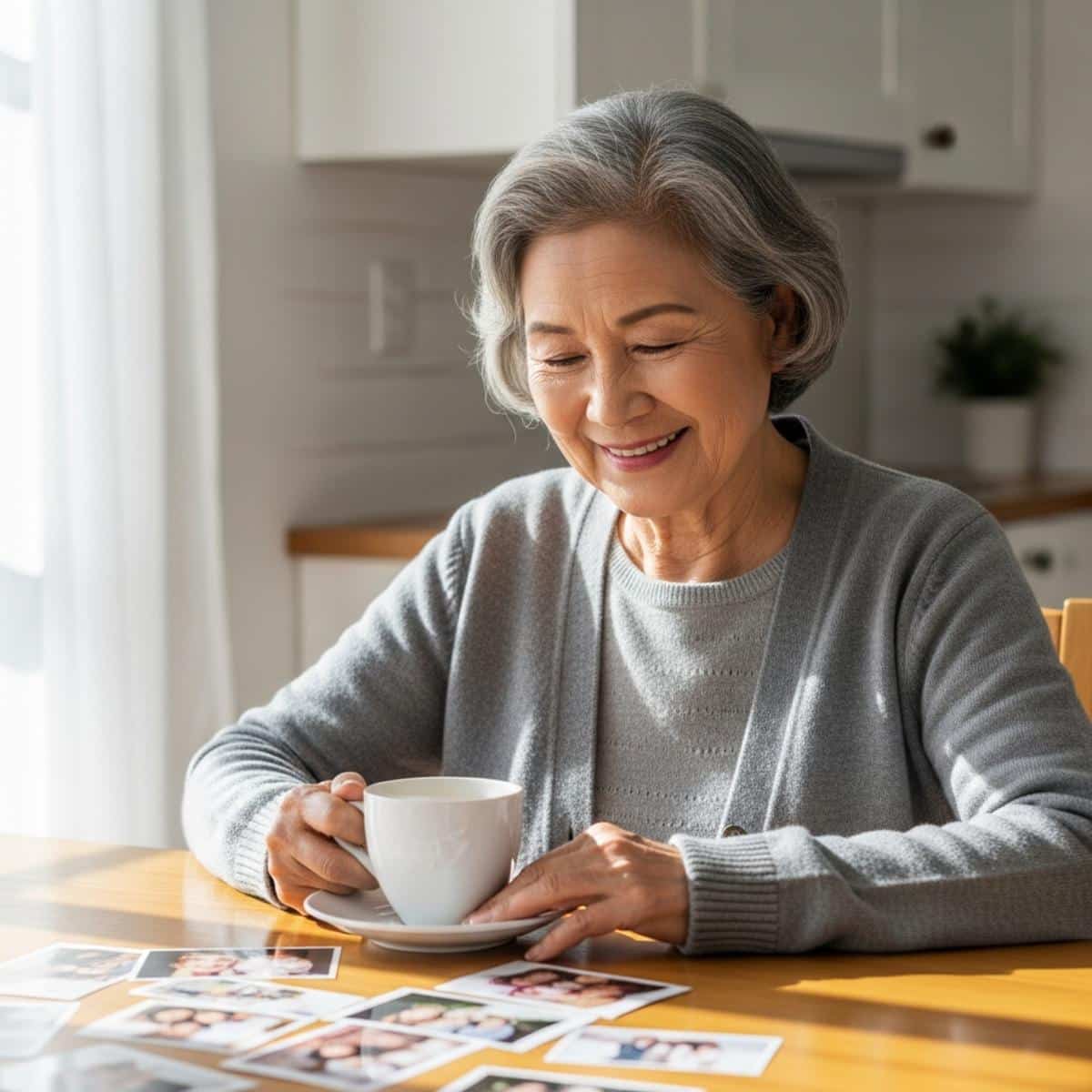 Older woman seated at kitchen table with tea and family photos, waist-up centered view showing peaceful expression