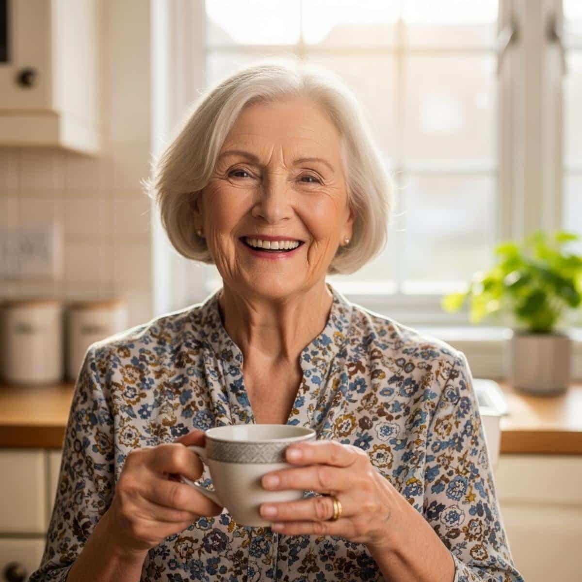 Older woman smiling warmly while holding tea cup in sunlit kitchen, centered waist-up view