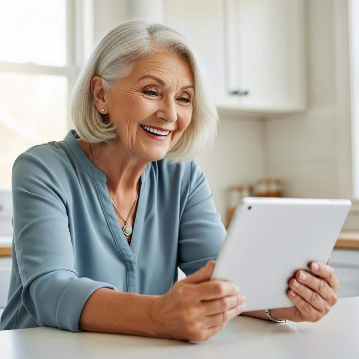 Older woman holding tablet for video call at kitchen table with warm engaged smile, waist-up centered view